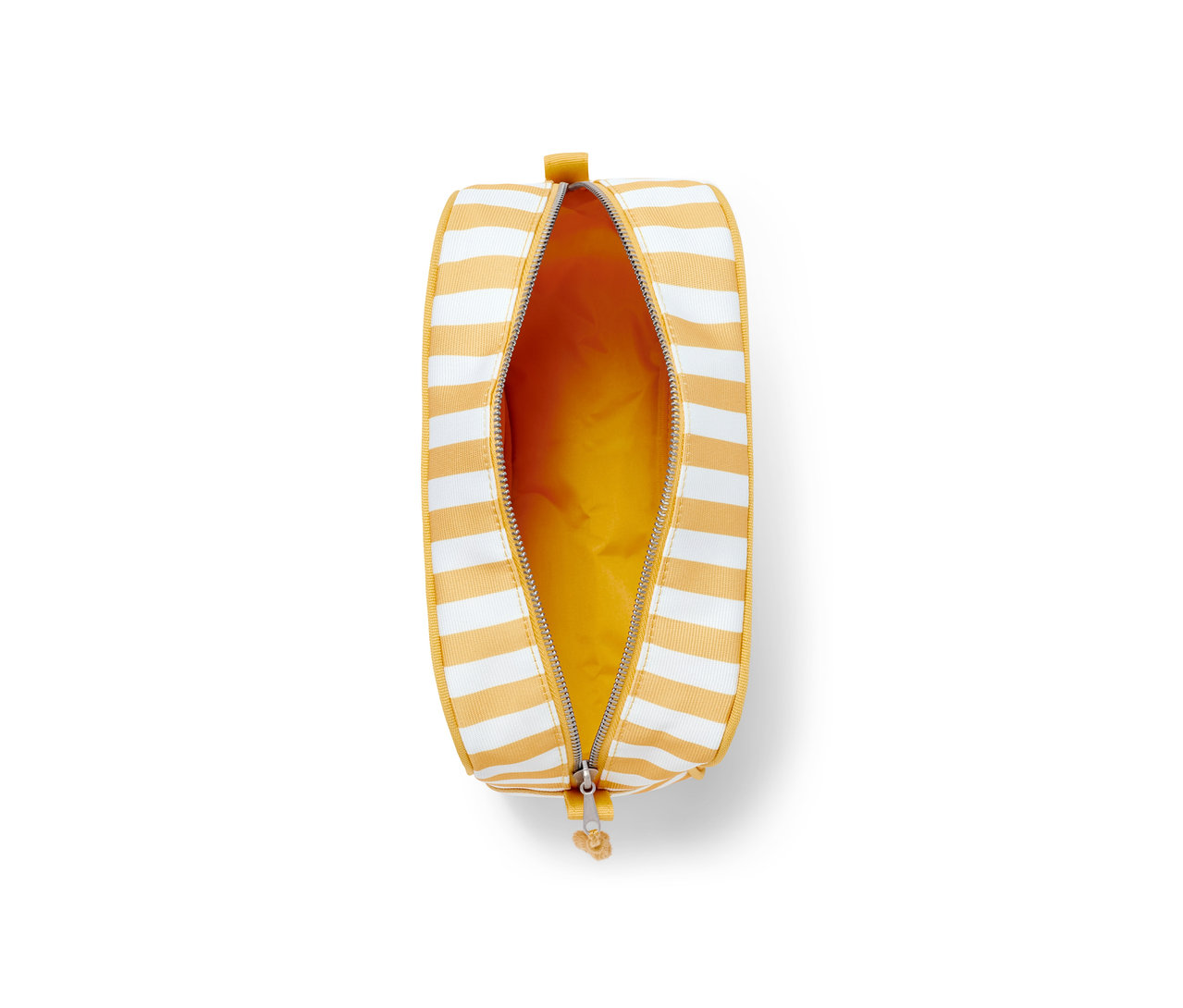 Otwarta kosmetyczka z saszetką, w żółto-białe paski.
