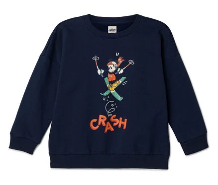 Niebieska bluza z nadrukiem Myszki Miki na nartach i napisem "Crash".