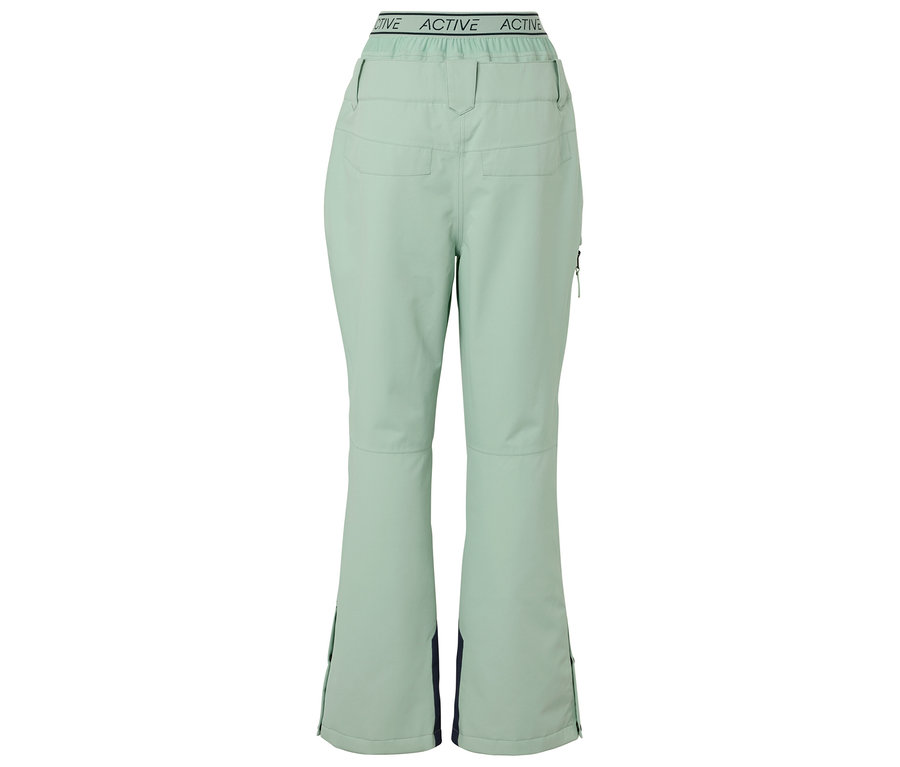 Jasnozielone spodnie narciarskie z napisem ACTIVE w pasie.