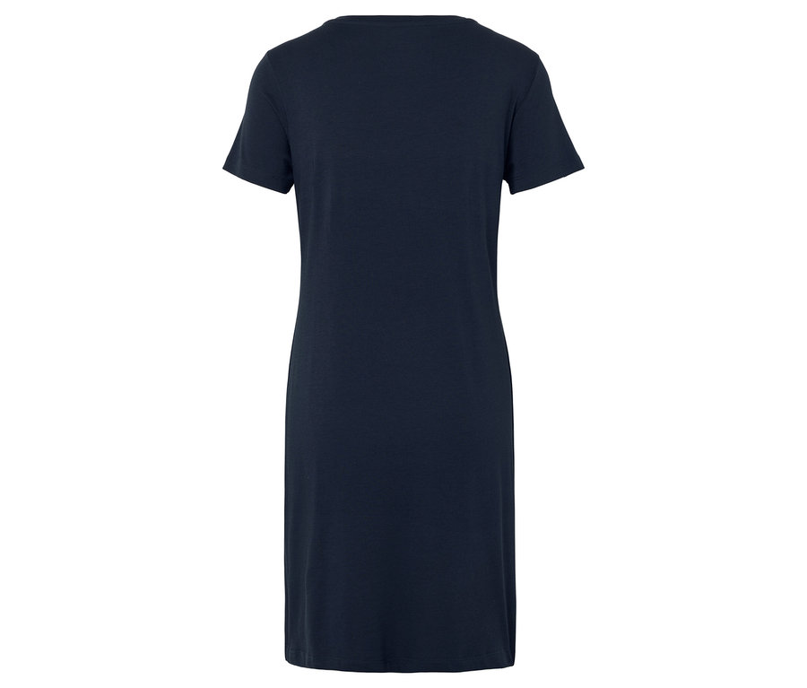 Widok z tyłu granatowej sukienki do kolan w kształcie litery T.