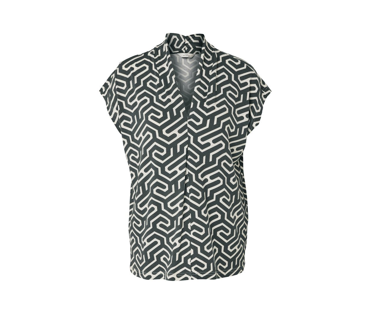 Ciemnozielona bluzka z dekoltem w serek we wzory.