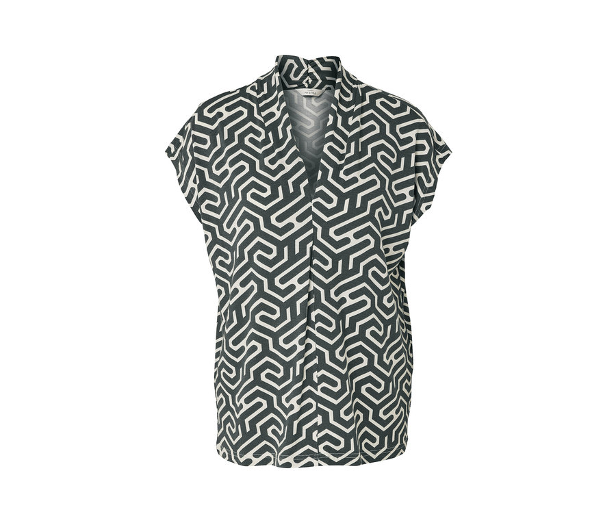 Ciemnozielona bluzka z dekoltem w serek we wzory.