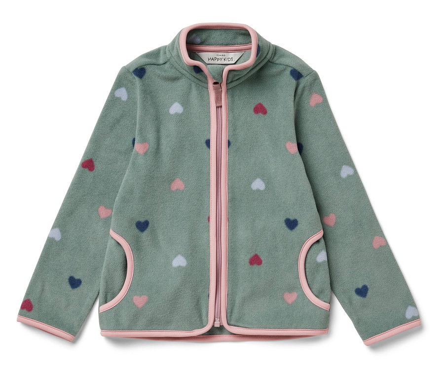 Zielona kurtka polarowa z zamkiem błyskawicznym i wzorem w serca.