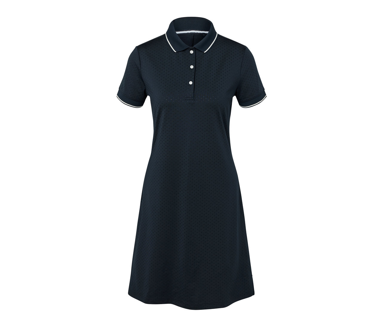 Granatowa sukienka sportowa z białym obszyciem.