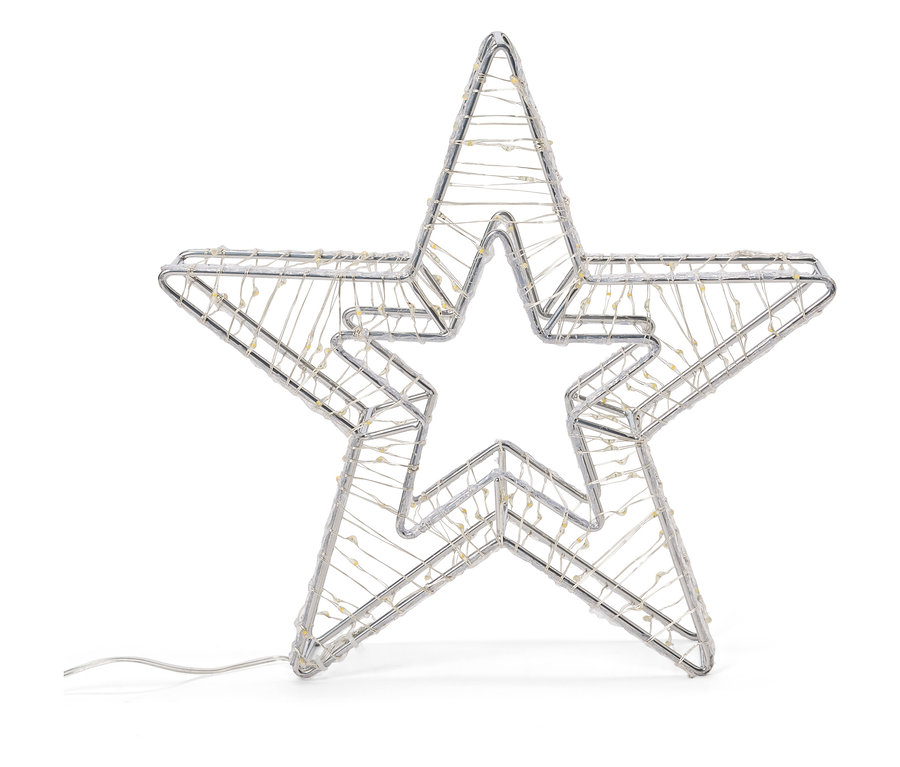 Srebrna druciana gwiazda z lampkami LED na białym tle.