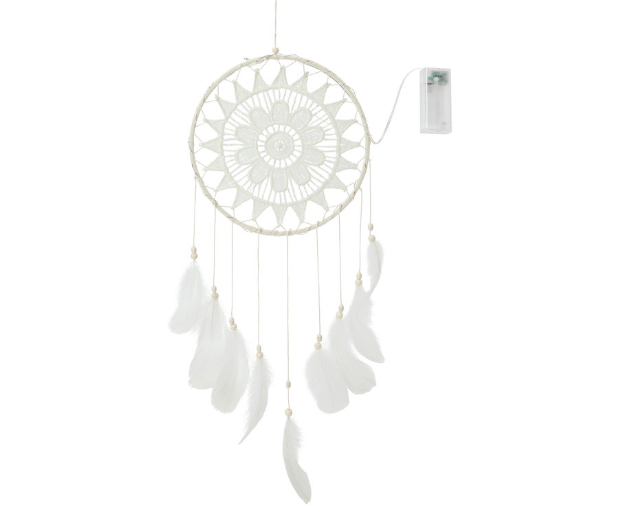 Wiszący łapacz snów z podświetleniem LED, białym kołem i piórami.