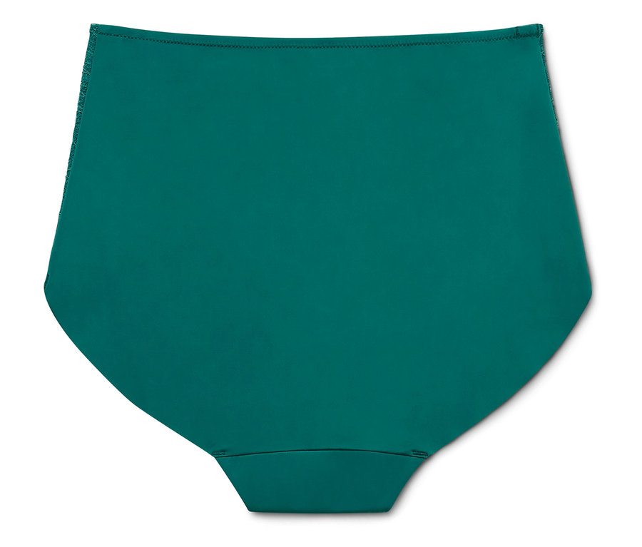 Na białym tle leżą ciemnozielone majtki od bikini z wysokim stanem.