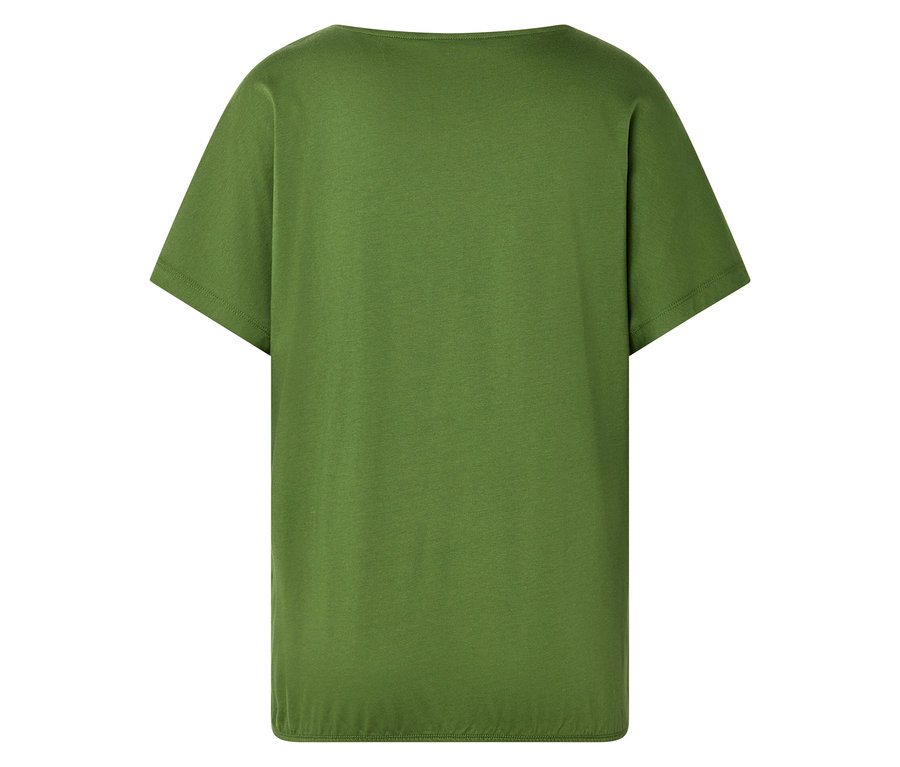 Zdjęcie z bliska tyłu jednolitego oliwkowozielonego T-shirtu z krótkimi rękawami i szerokim okrągłym dekoltem.