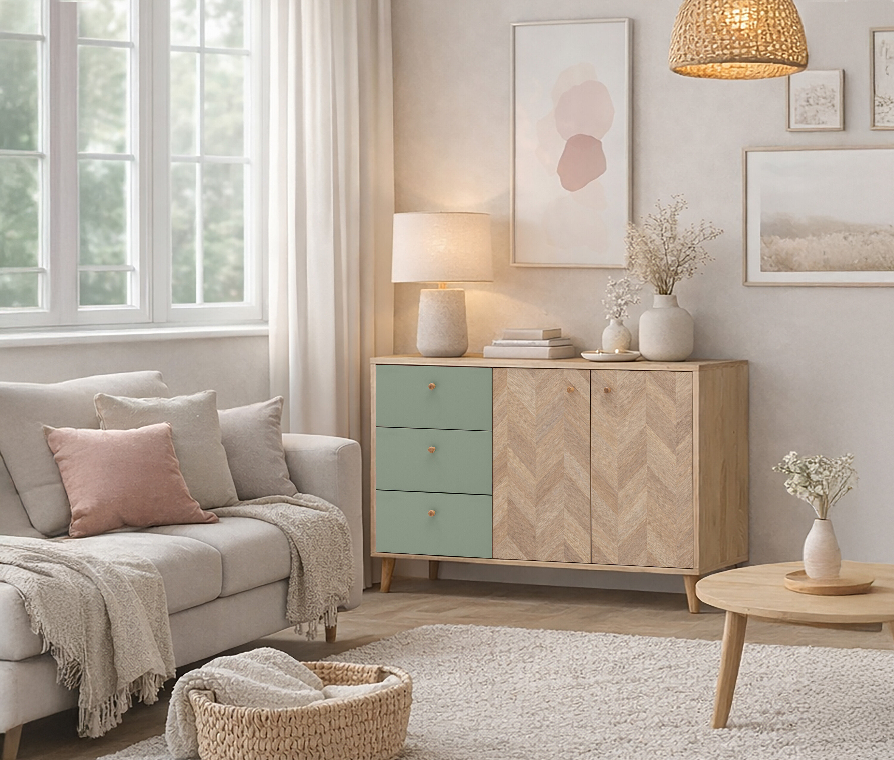 Salon z sofą, komodą z szufladami i dekoracjami, dywanem i koszem.