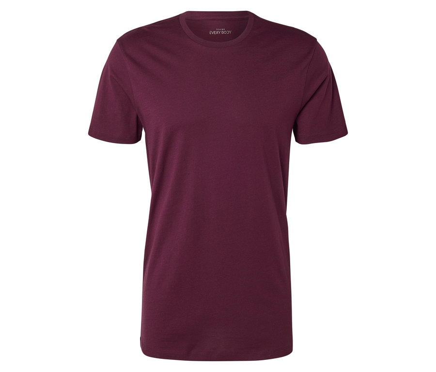 Na białym tle leży bordowy T-shirt z krótkim rękawem.