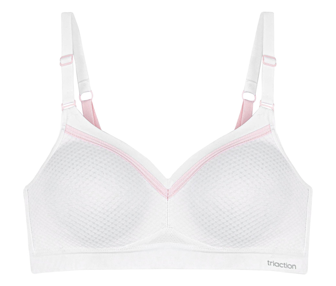 Biały biustonosz sportowy TRIUMPH Triaction Free Motion N EX z różowymi detalami.