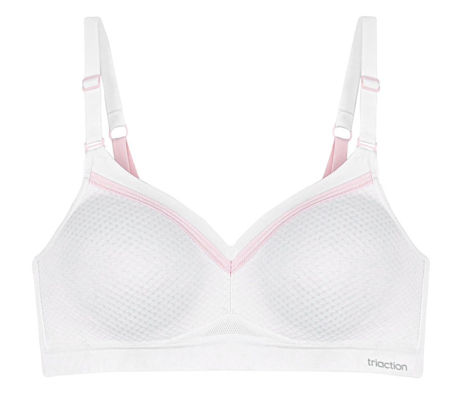Biały biustonosz sportowy TRIUMPH Triaction Free Motion N EX z różowymi detalami.