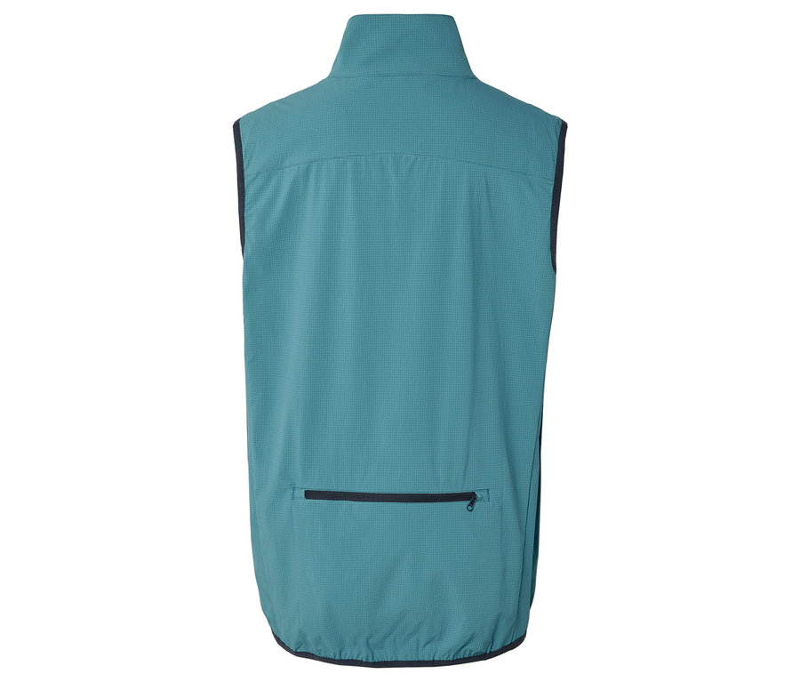 Widok z tyłu turkusowej kamizelki bez rękawów z kieszenią na zamek błyskawiczny.