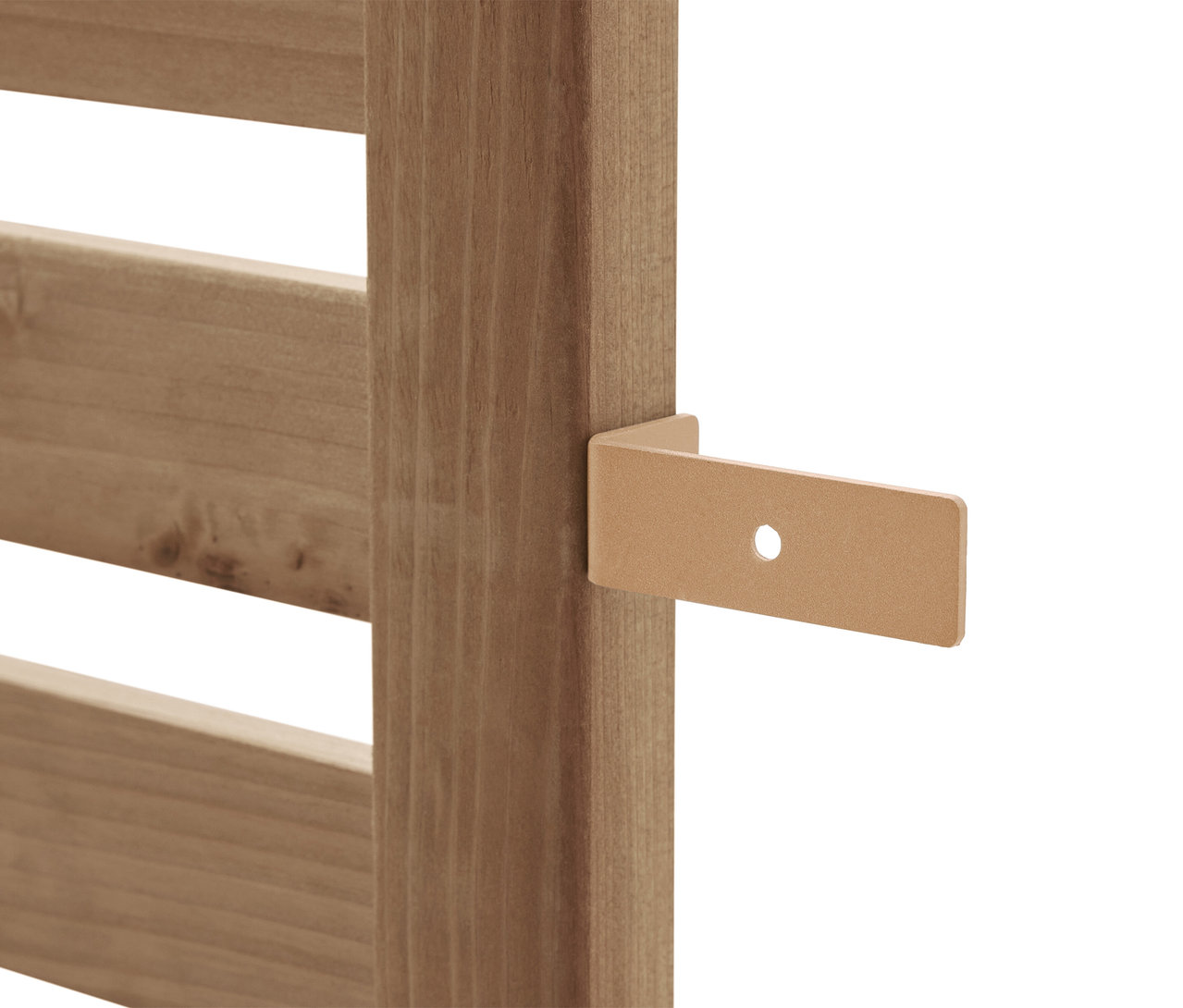 Szczegółowy widok jasnobrązowego drewnianego regału z uchwytem.