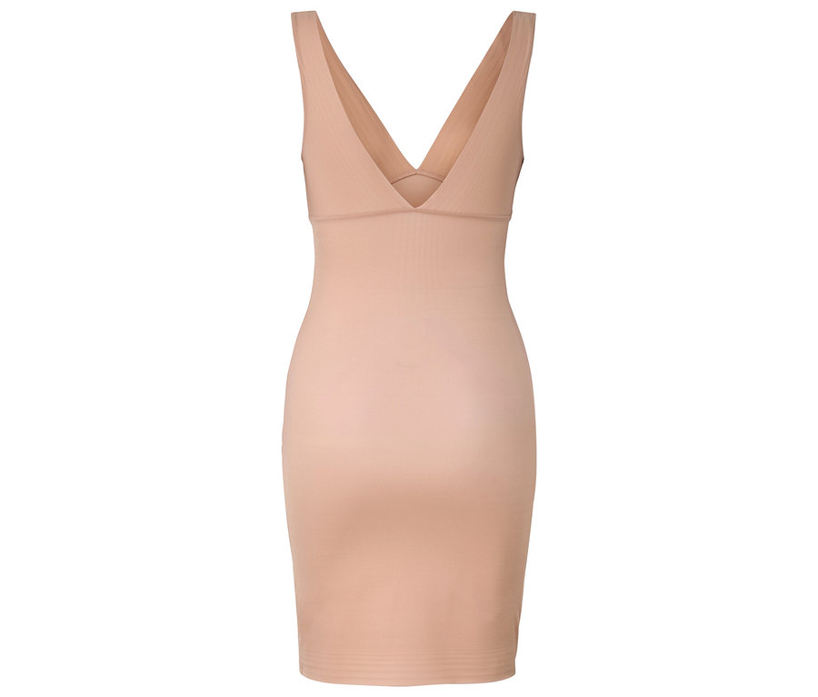 Widok z tyłu beżowej sukienki bodycon z dekoltem w serek.