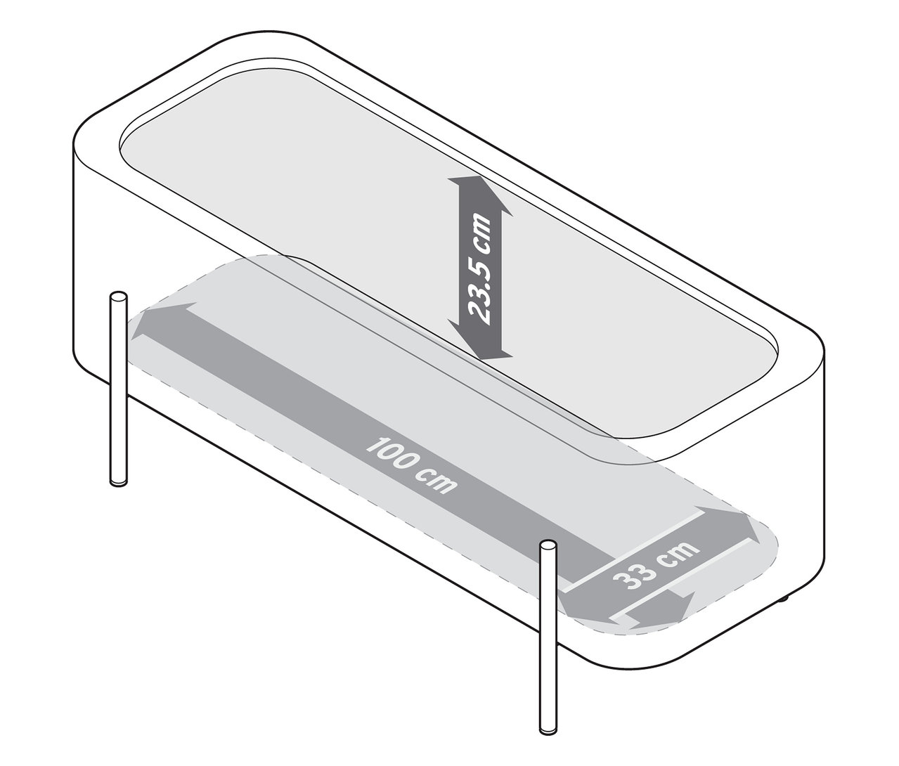 Ilustracja ławki ze skrzynią o wymiarach 23,5 cm, 100 cm i 33 cm.