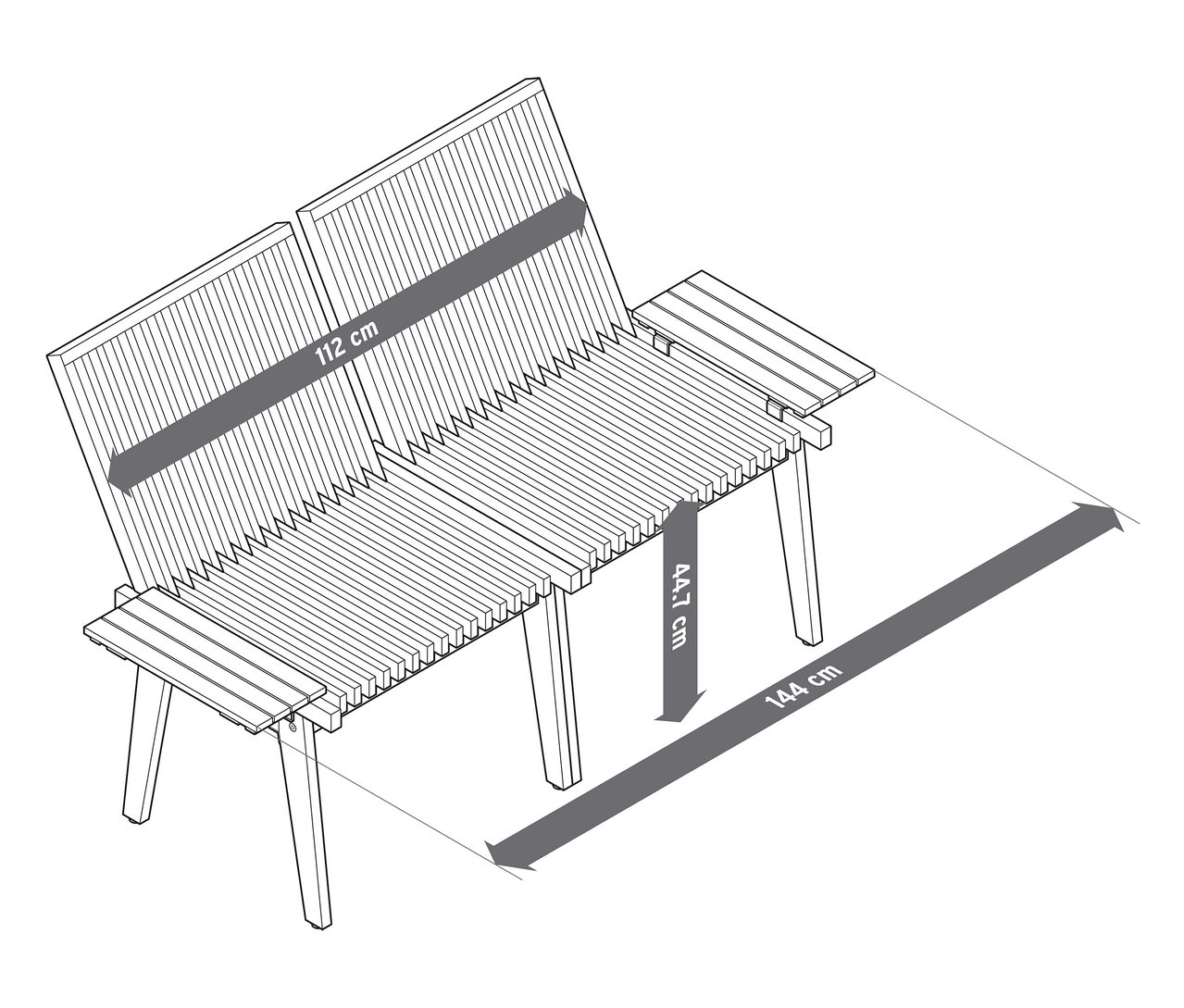 Szkic elastycznej ławki do rozmów z wymiarami szerokości i wysokości.
