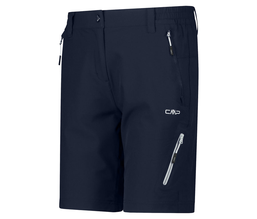 Zbliżenie na granatowe szorty CMP Damen-4-Wege-Stretch-Bermuda-Shorts z kieszeniami na zamek.