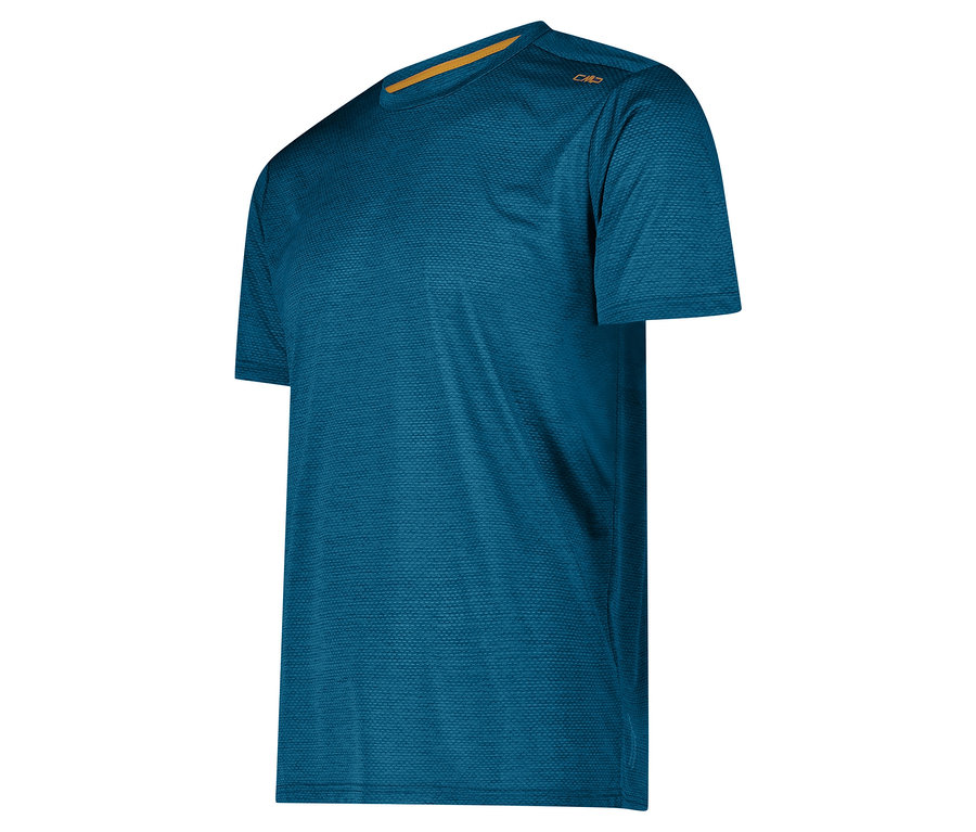 Niebieska koszulka męska CMP z dzianiny pika leży na białym tle.