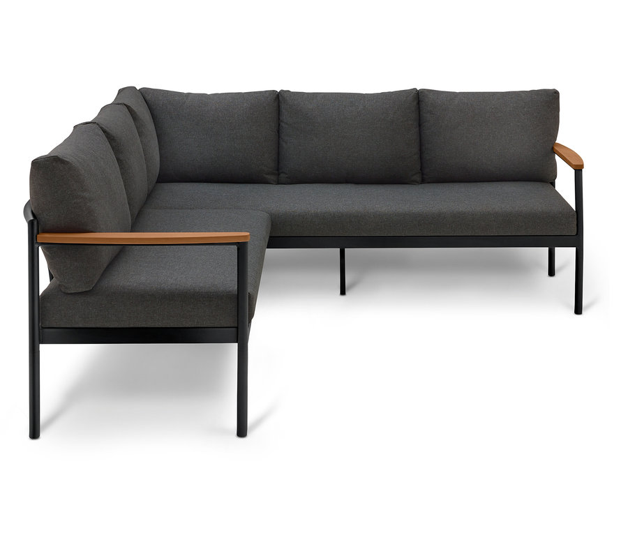 Szara sofa narożna z drewnianymi podłokietnikami i czarną ramą.