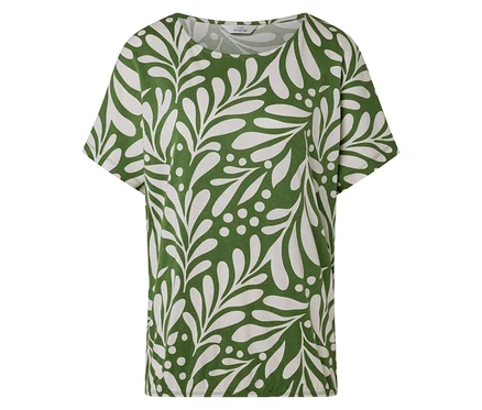 Zielony T-shirt z białym wzorem liści i kropek.
