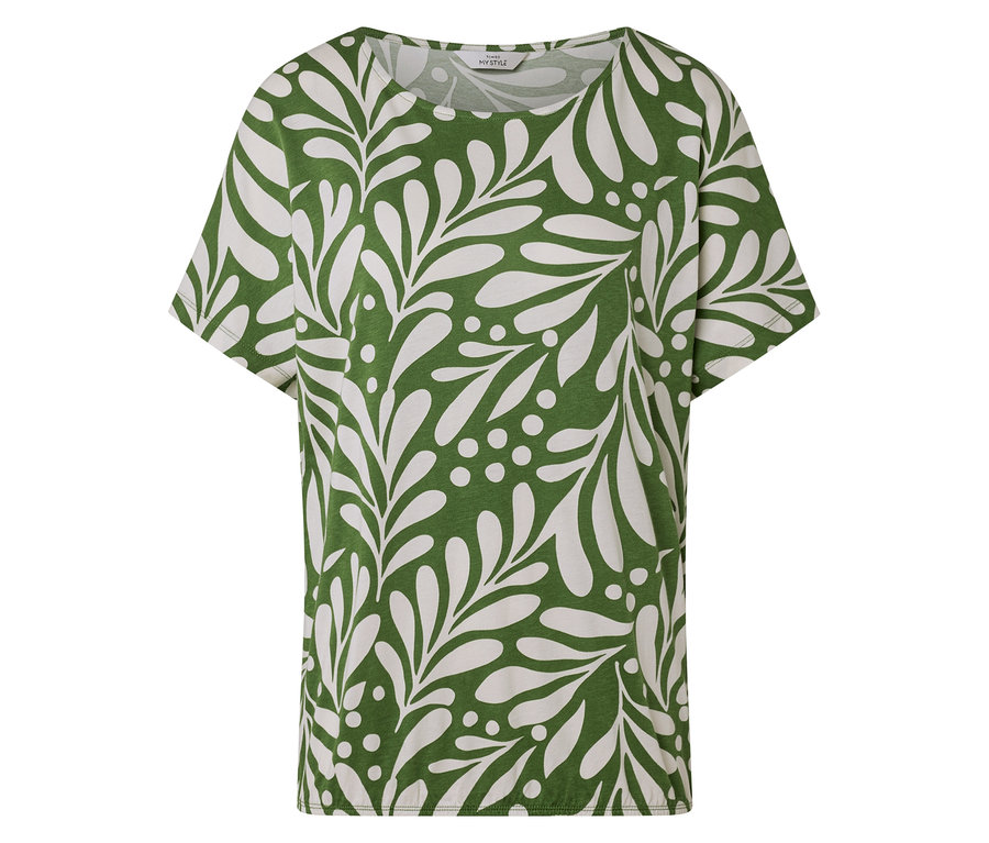 Zielony T-shirt z białym wzorem liści i kropek.