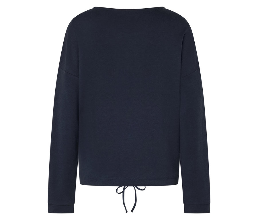 Granatowa bluza z długimi rękawami i sznurkiem w pasie.