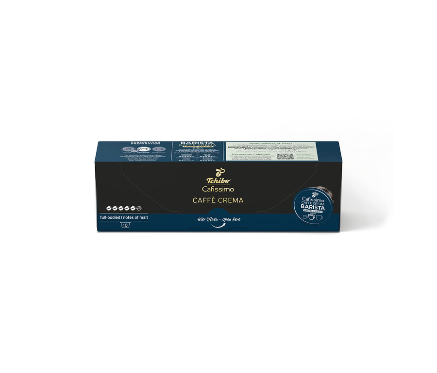 Ciemnoniebieskie opakowanie kapsułek kawy Cafissimo BARISTA Caffè Crema India z napisem „10 kapsułek”.
