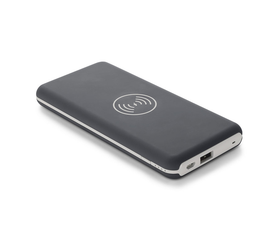 Szary bezprzewodowy powerbank i ładowarka na białym tle.