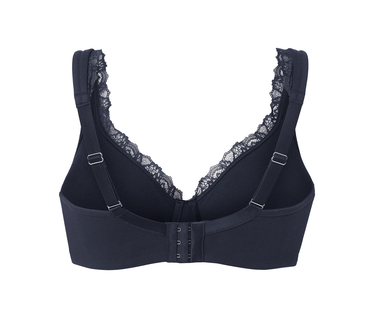 Szczegółowy widok z tyłu czarnego biustonosza z fiszbinami i koronką.