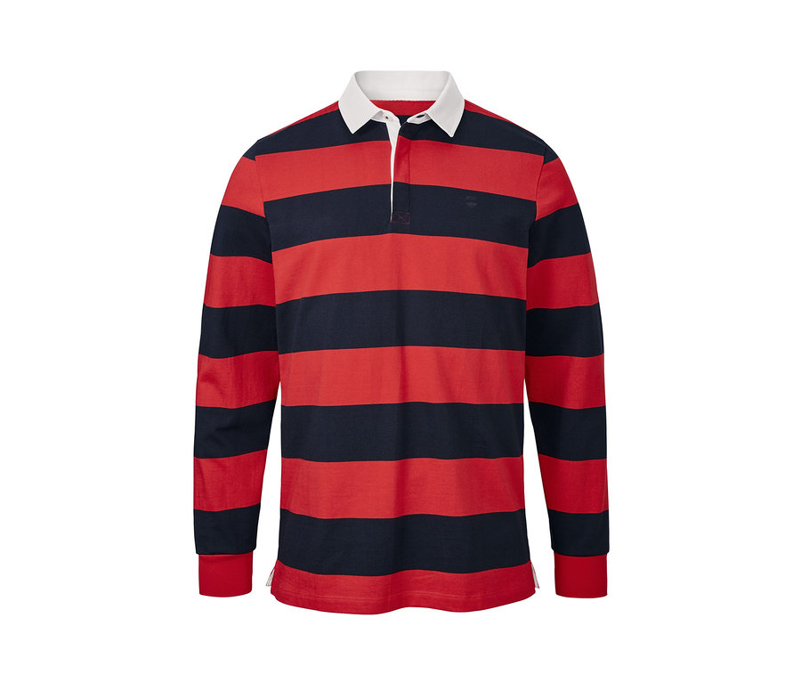 Koszulka polo z długim rękawem w granatowo-czerwone paski.