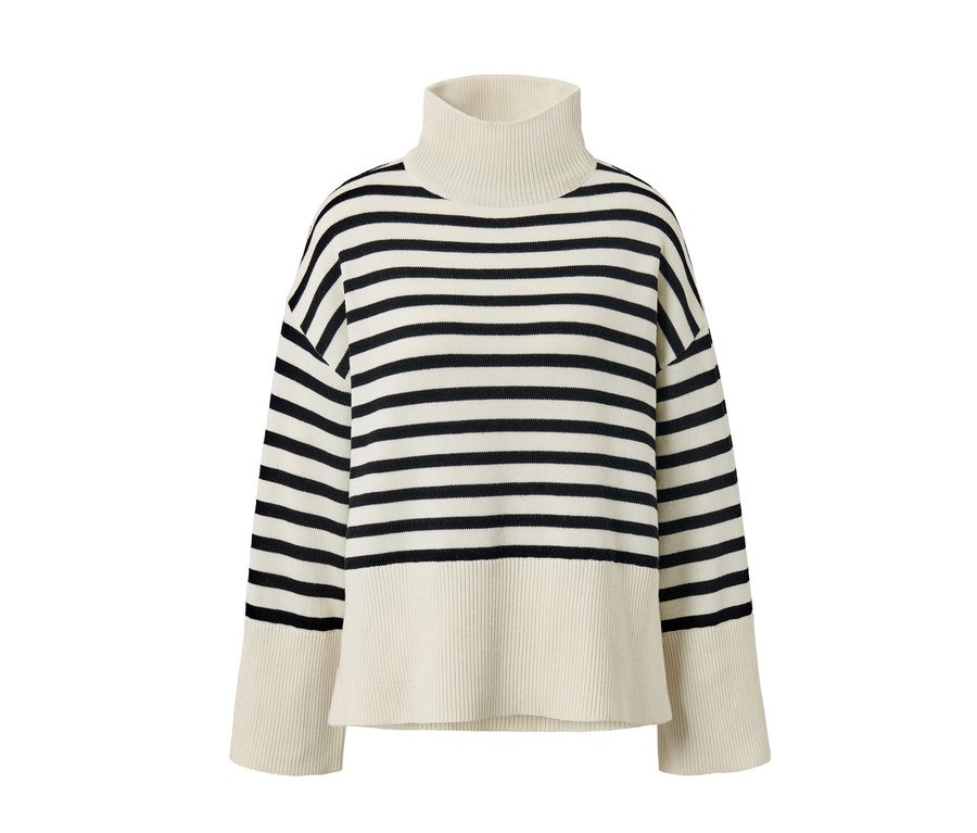Sweter z dzianiny z wełną w paski w kolorze kremowym i czarnym.