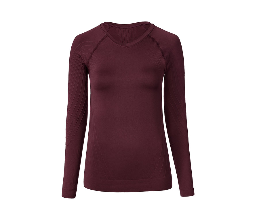 Bordowa, bezszwowa, damska bielizna funkcyjna z długim rękawem.