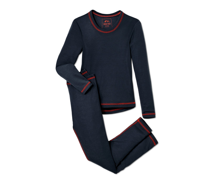 Niebieska dziecięca bielizna funkcyjna z czerwoną lamówką.