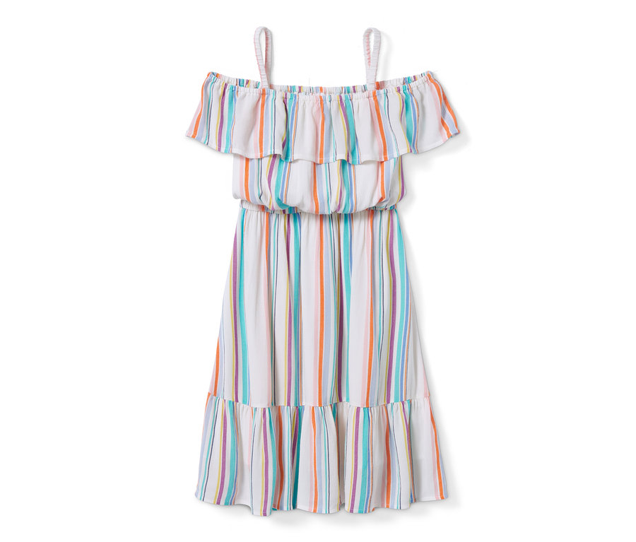 Biała tkana sukienka z wiskozy w kolorowe paski z falbanami.