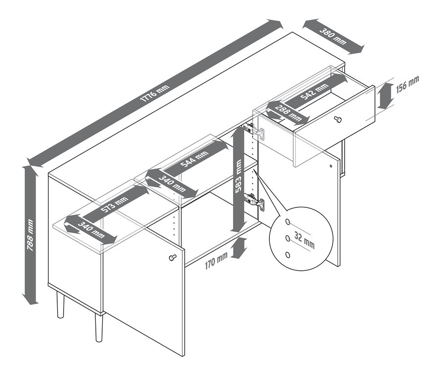 Schemat szafki typu sideboard z 2 drzwiami i 3 szufladami z zaznaczonymi wymiarami.