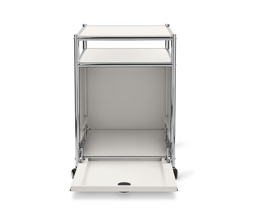 Biały metalowy kontener na kółkach »CN3« z klapą.