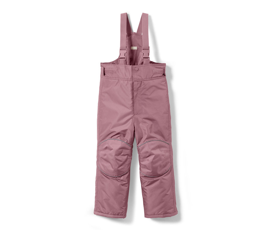 Różowe spodnie narciarskie z dwuczęściowego kombinezonu zimowego wiszą na białym tle.