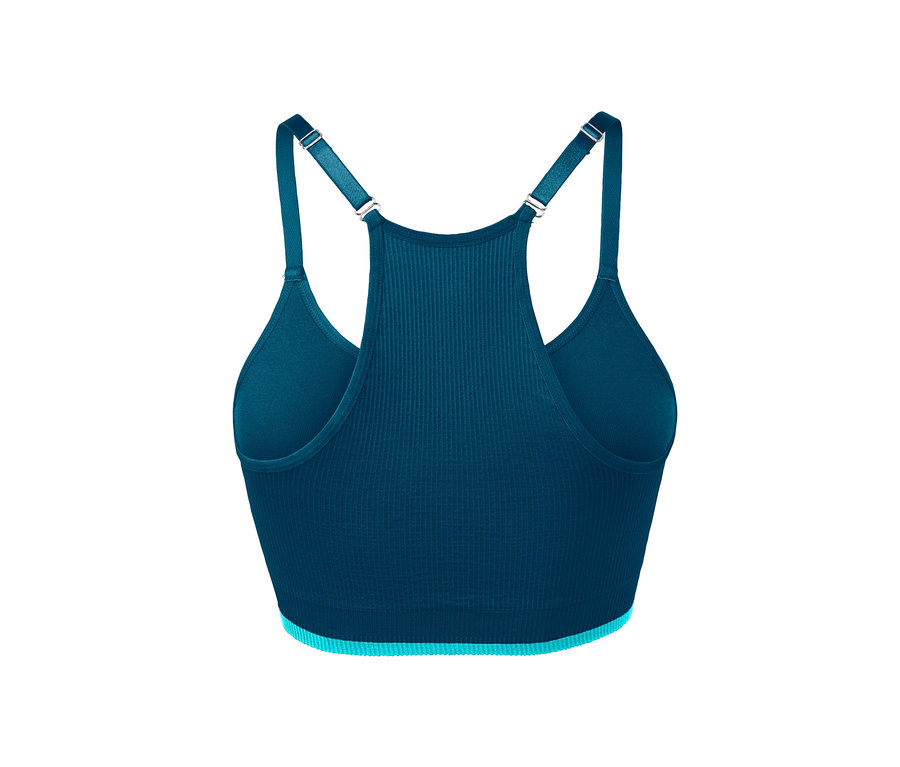Widok z tyłu na turkusowo-zielony sportowy biustonosz bezszwowy z regulowanymi ramiączkami.