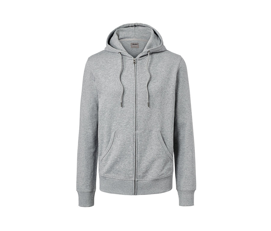 Szara bluza z dzianiny dresowej, zapinana na zamek, z kapturem.
