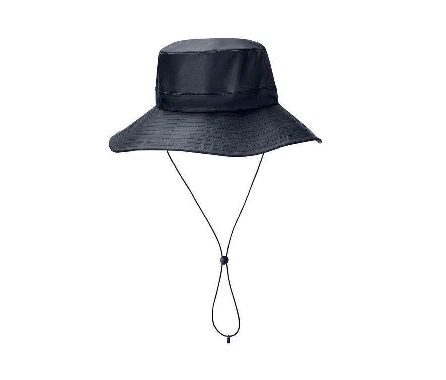 Granatowy kapelusz przeciwdeszczowy z regulowanym sznurkiem.