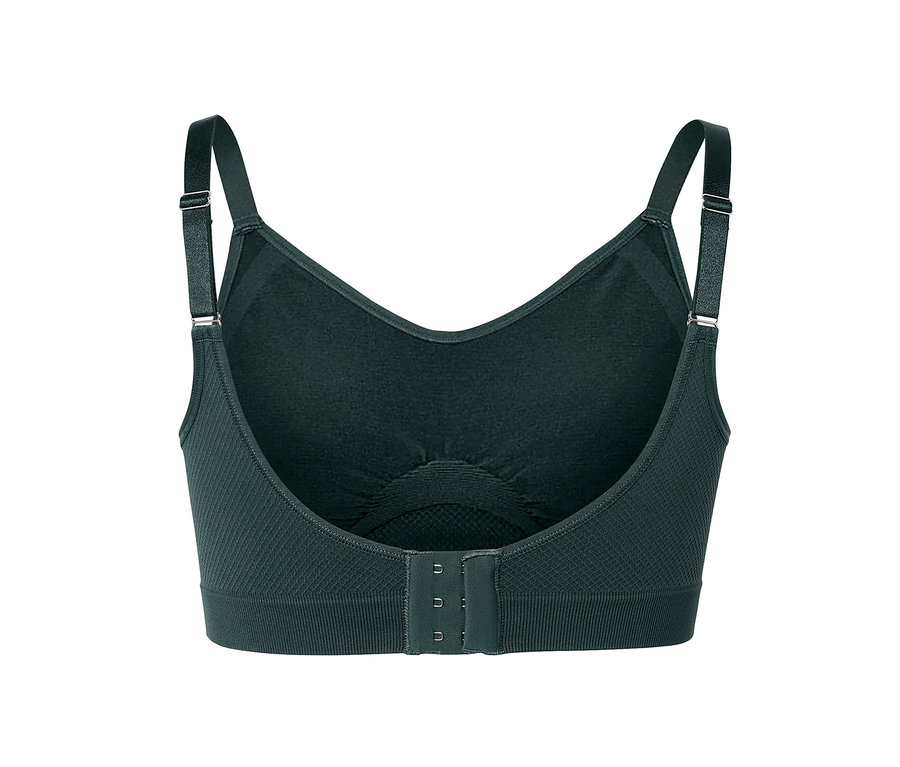Szczegółowy widok z tyłu ciemnozielonego, bezszwowego biustonosza sportowego z regulowanymi ramiączkami i zapięciem na haftki.