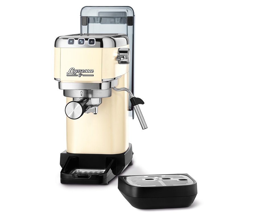 Kremowy ekspres kolbowy do kawy »Lapressa«.
