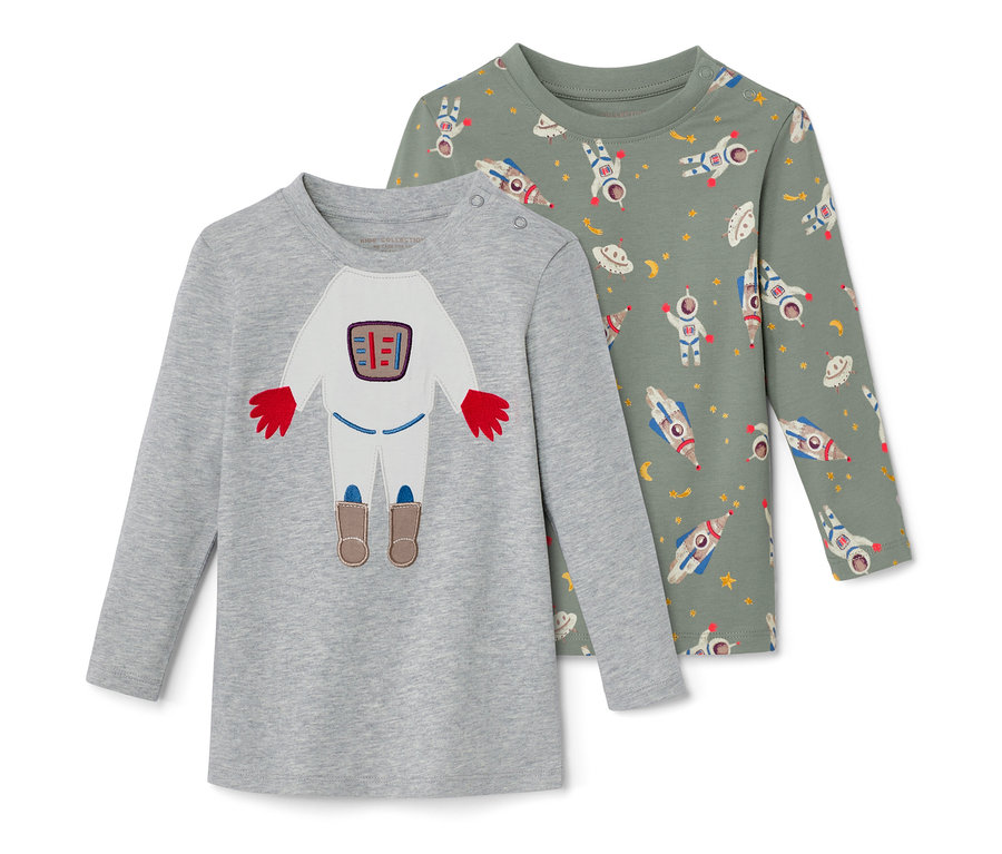 Dwie koszulki z długim rękawem: szara z motywem astronauty i zielona z motywem kosmosu.