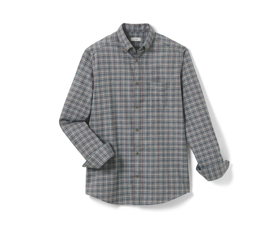 Szara koszula flanelowa z długim rękawem.