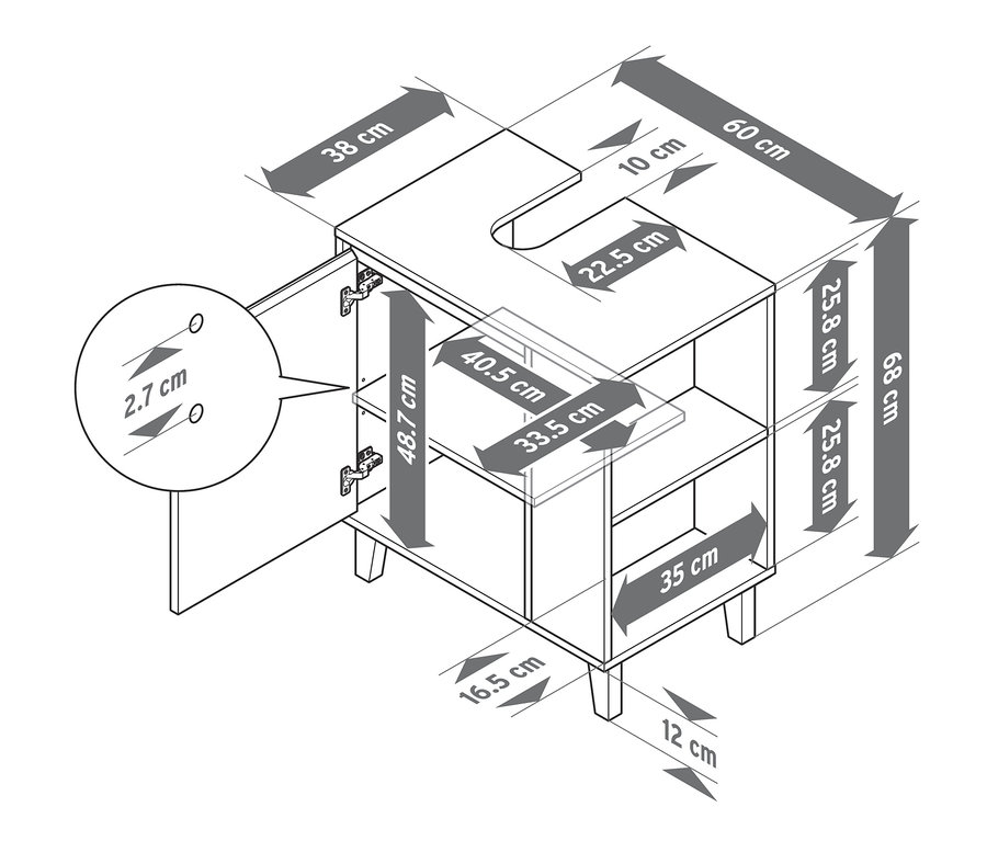 Rysunek szafki pod umywalkę z boczną przegródką, z podanymi wymiarami.