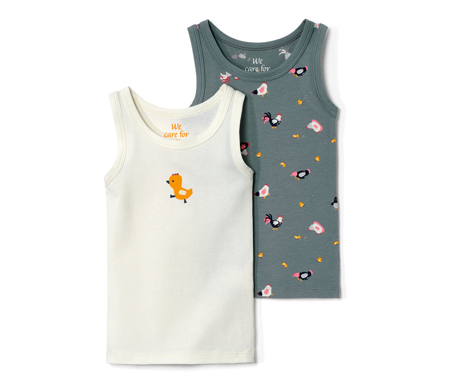 Dwa podkoszulki dziecięce z nadrukiem w gospodarstwo, jeden biały z kurczakiem i jeden szary z kurami.