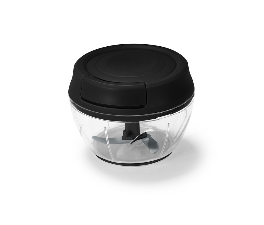 Szczegółowe ujęcie wielofunkcyjnego rozdrabniacza ręcznego z czarną górą i przezroczystym pojemnikiem.
