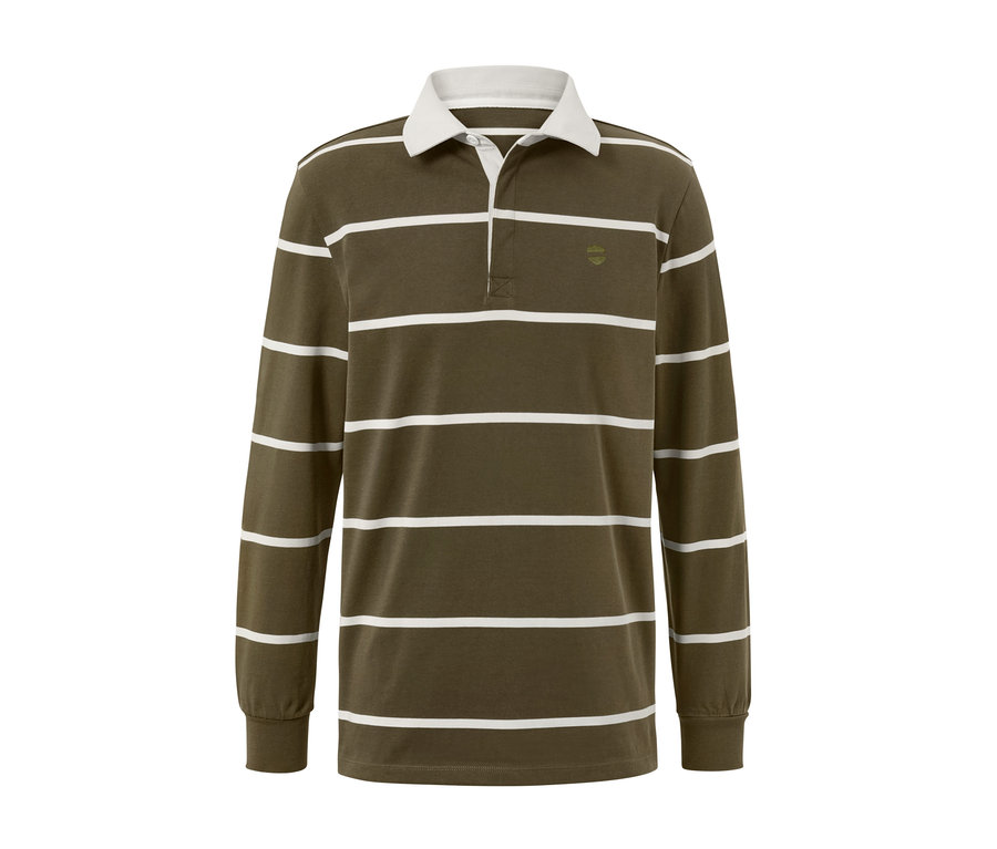 Na zdjęciu koszulka polo z długim rękawem w kolorze oliwkowym z białymi, poziomymi paskami.