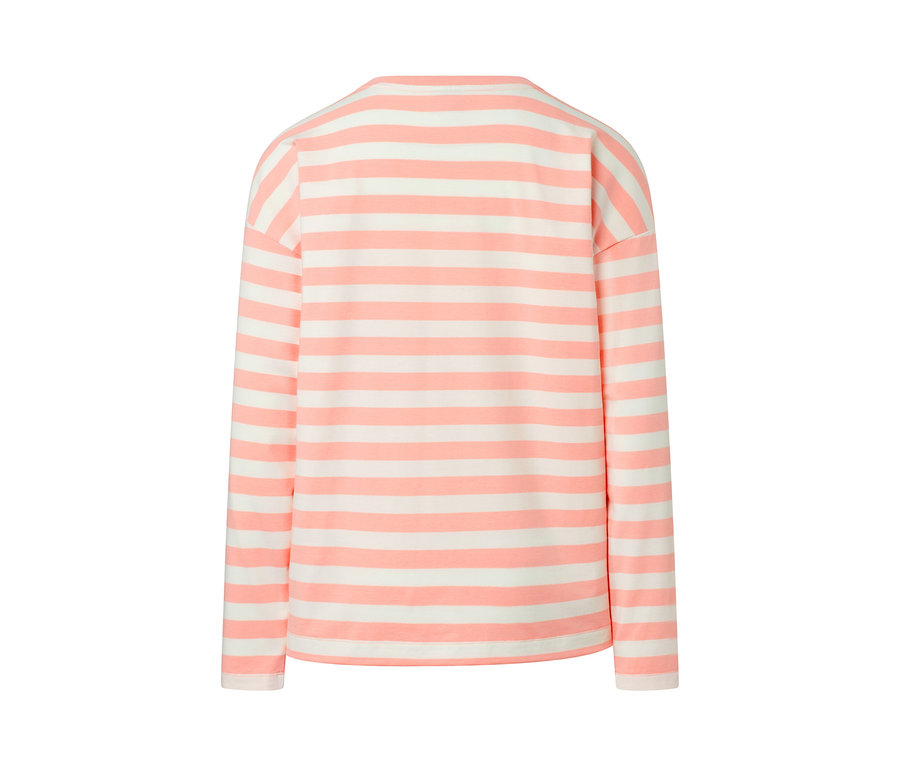 Szczegółowy widok z tyłu koszulki funkcyjnej z długim rękawem w poziome paski różowo-białe.